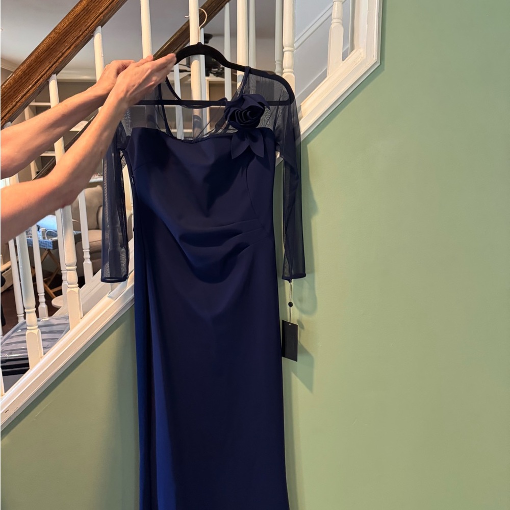 Chiara Boni Strapless Navy Dress with Sheer Sleeves